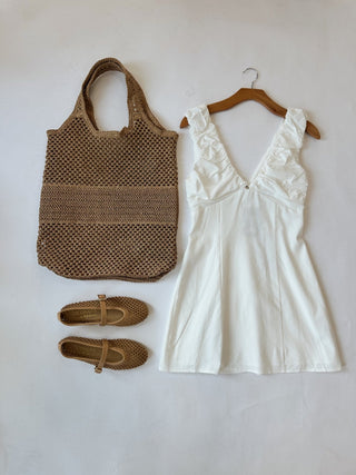 V - Neck White Mini Dress - amandenimes - V - Neck White Mini Dress -