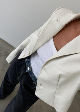 Cream Leather Crop Blazer - amandenimes - Cream Leather Crop Blazer -