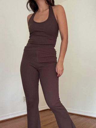 Brown Ribbed High Waist Flare Pant -