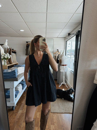 Pleated Denim Romper - Black -