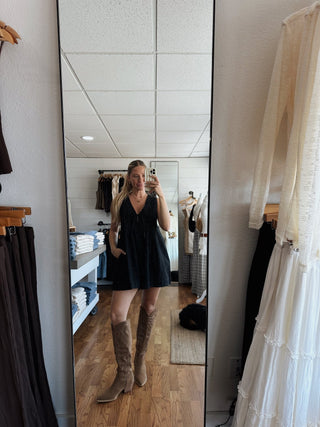 Pleated Denim Romper - Black -