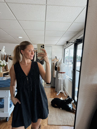 Pleated Denim Romper - Black -