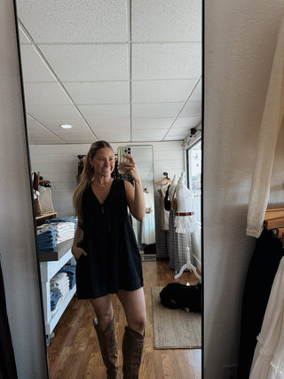 Pleated Denim Romper - Black -