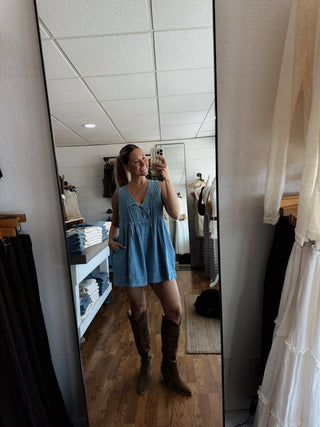 Pleated Denim Romper - Light Wash -