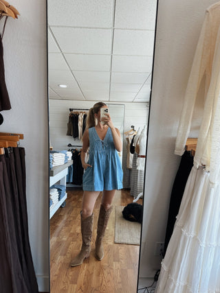 Pleated Denim Romper - Light Wash -