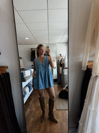 Pleated Denim Romper - Light Wash -