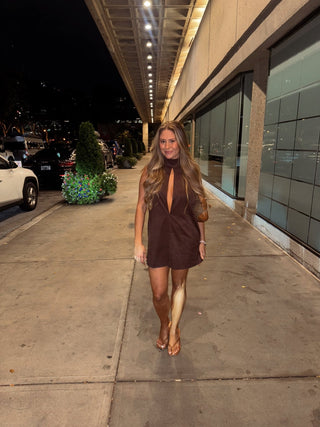 The Brown Keyhole High Neck Mini Dress -