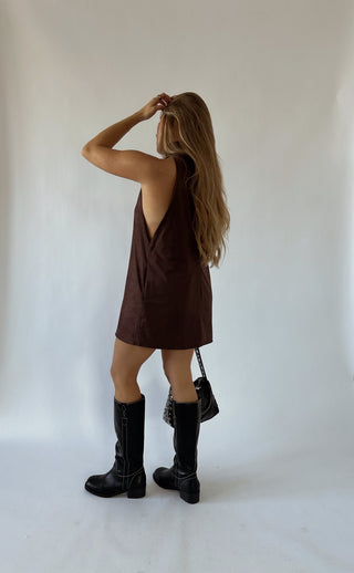 The Brown Keyhole High Neck Mini Dress -