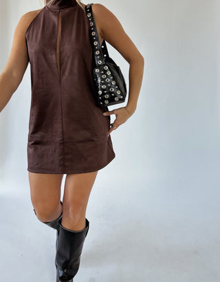 The Brown Keyhole High Neck Mini Dress -