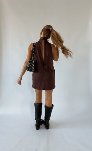 The Brown Keyhole High Neck Mini Dress -