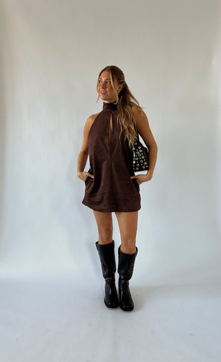 The Brown Keyhole High Neck Mini Dress -