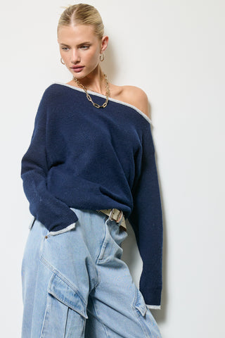 Off Shoulder Knit Sweater - Navy