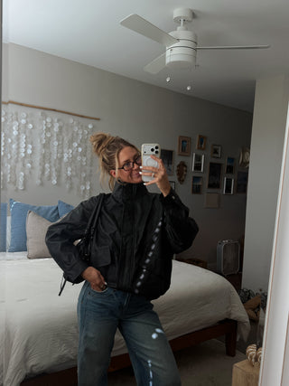 Black Leather Funnel Neck Jacket
