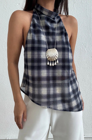 Plaid Open Back High Neck Top