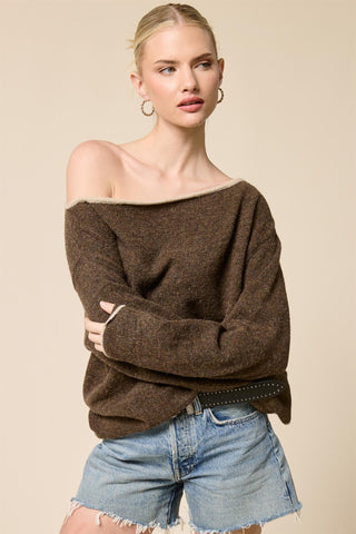 Off Shoulder Knit Sweater - Walnut