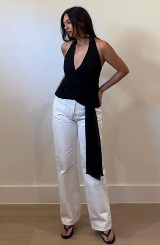 Black Halter Plunge Tie Top