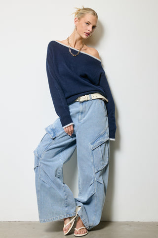Off Shoulder Knit Sweater - Navy