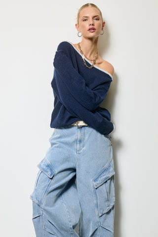 Off Shoulder Knit Sweater - Navy