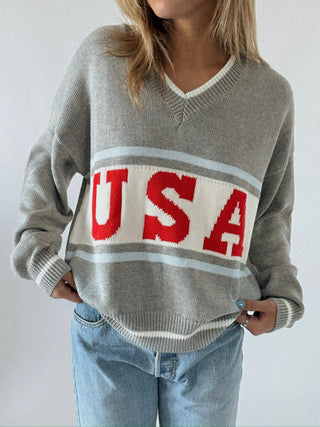 USA V - Neck Sweater - amandenimes - USA V - Neck Sweater - 