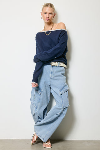 Off Shoulder Knit Sweater - Navy
