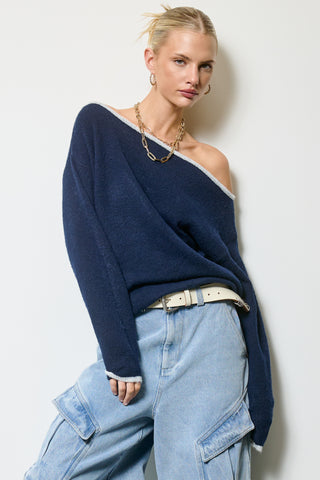 Off Shoulder Knit Sweater - Navy