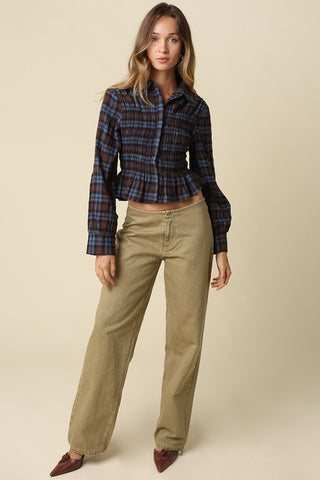 Plaid Flare Button Up Top