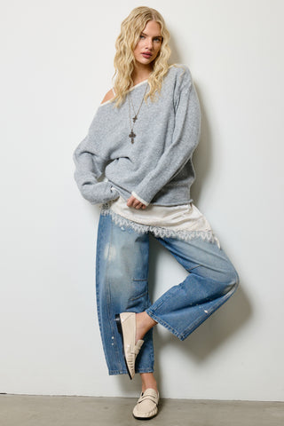 Off Shoulder Knit Sweater - Grey