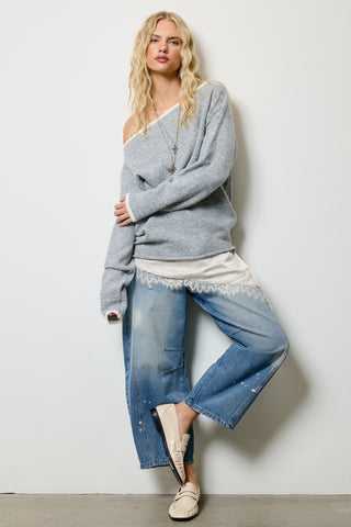 Off Shoulder Knit Sweater - Grey