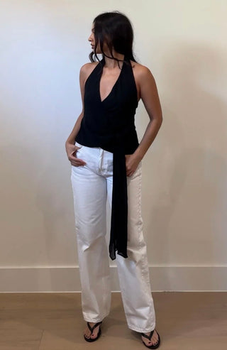 Black Halter Plunge Tie Top