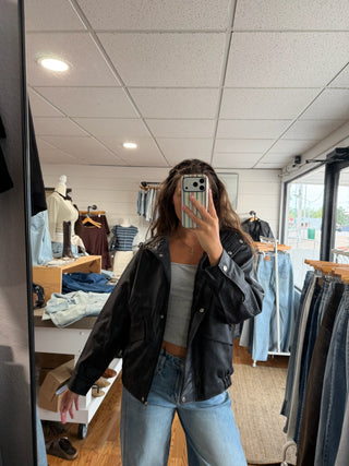Black Leather Funnel Neck Jacket