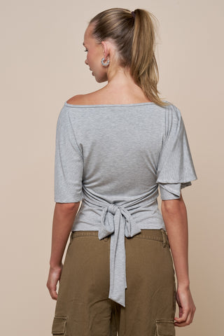Flutter Sleeve Tie Top - Heather Grey