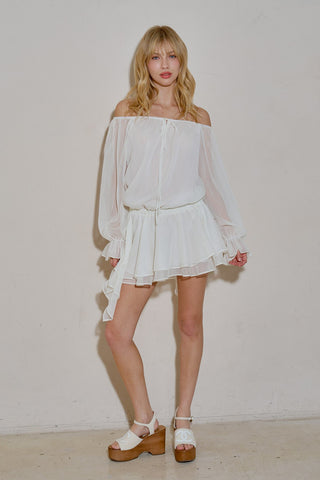 White Off Shoulder Ruffle Mini Dress