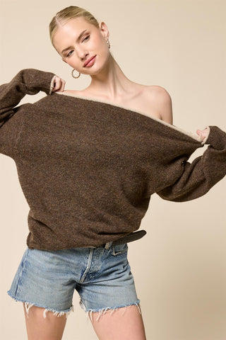 Off Shoulder Knit Sweater - Walnut