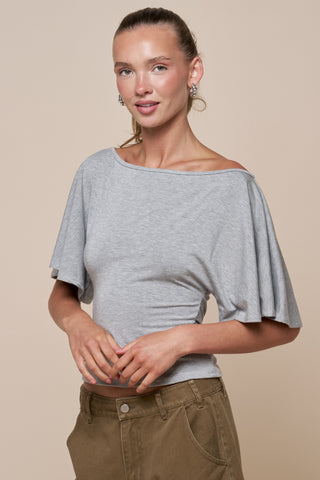 Flutter Sleeve Tie Top - Heather Grey