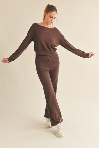 Waffle Knit Lounge Set Brown - Bottom