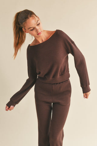 Waffle Knit Lounge Set Brown - Bottom