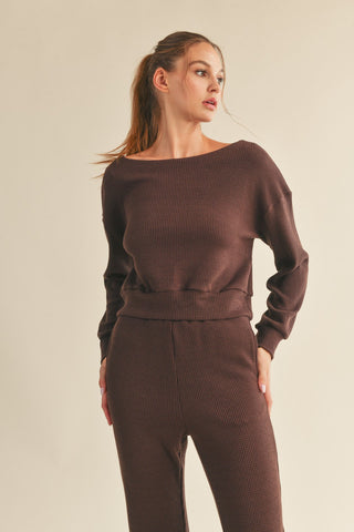 Waffle Knit Lounge Set Brown - Bottom