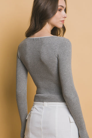 Scoop Neck Bow Detail Top - Heather Grey