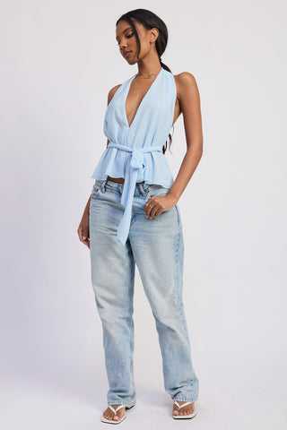Baby Blue Open Back Tie Top - 