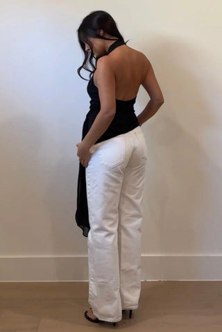 Black Halter Plunge Tie Top -