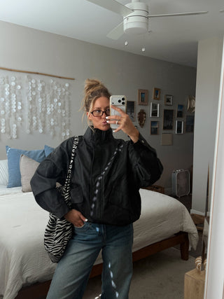 Black Leather Funnel Neck Jacket -