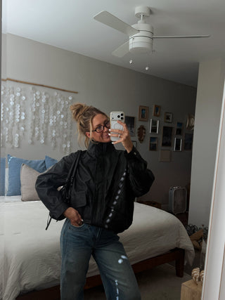 Black Leather Funnel Neck Jacket -
