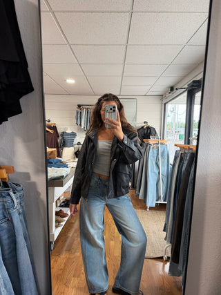 Black Leather Funnel Neck Jacket -