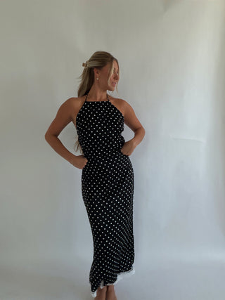 Black Polka Dot High Neck Maxi Dress -
