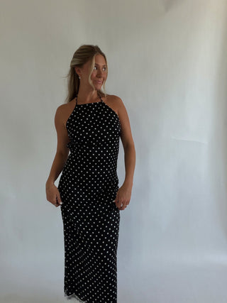 Black Polka Dot High Neck Maxi Dress -