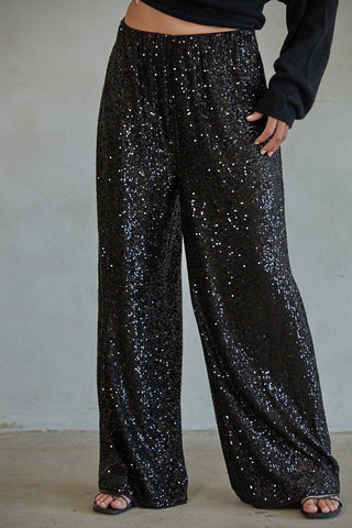 Black Sequin Wide Leg Pants - 
