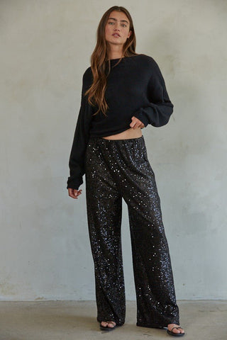 Black Sequin Wide Leg Pants - 
