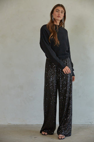 Black Sequin Wide Leg Pants - 