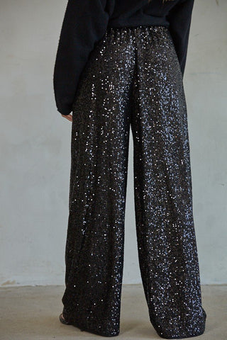 Black Sequin Wide Leg Pants - 
