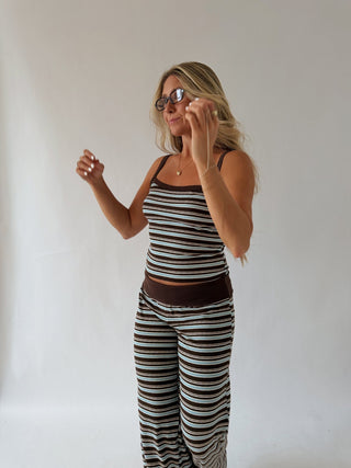 Blue + Brown Striped Fold Over Pants -